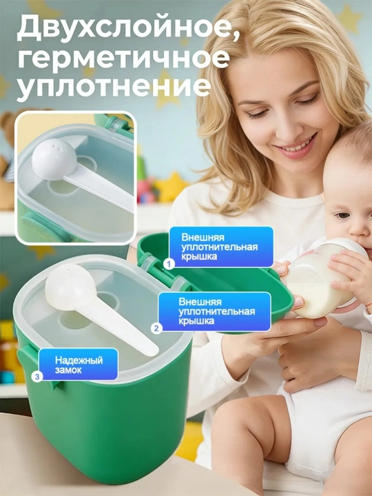 Контейнер для детского питания и сухой смеси, каши, с ложкой, с герметичной крышкой