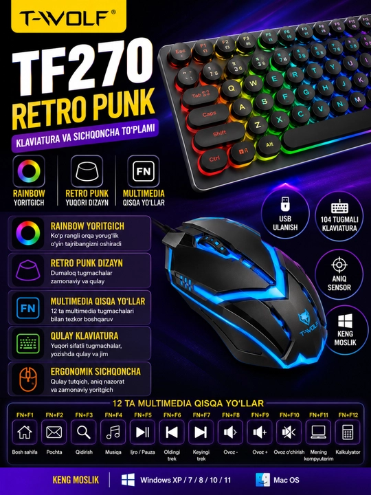 T-WOLF TF270 Retro Punk RGB Gaming Klaviatura USB Rainbow, Dumaloq Tugmali - 