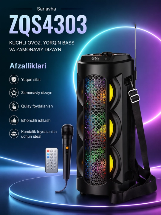 Mikrofon, RGB LED va masofadan boshqarish pulti bilan jihozlangan ZQS4303 Bluetooth karaoke karnay - 