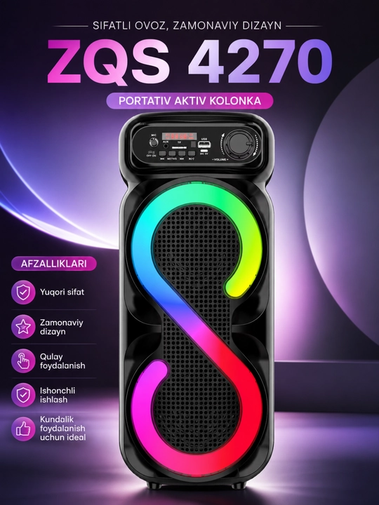 Mikrofon, RGB LED va pultli ko‘p funksiyali Bluetooth karaoke karnay - 