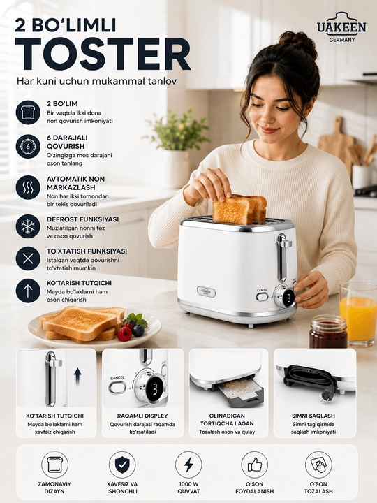 Uakeen Elektr Toster Defrost va Cancel Funksiyali 850W - 