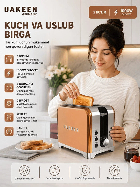 850 Vt Rose Gold 2 bo‘lakli Uakeen tosteri - 