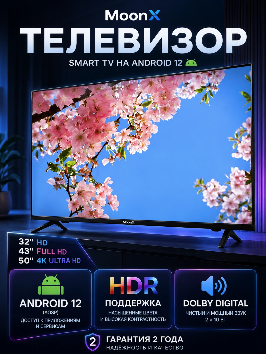 Телевизор MoonX 50" 4K, 43" Full HD, 32" HD, Smart TV, Full HD Wi-Fi, голосовое управление за 3798000 сум со скидкой 33%. Uzum Market