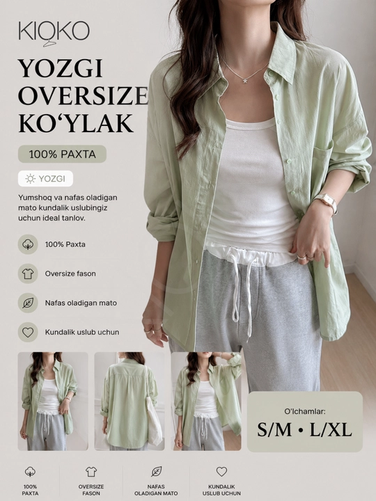 Ayollar ko‘ylagi Kioko, paxtali ayollar ko‘ylagi, oversize - 
