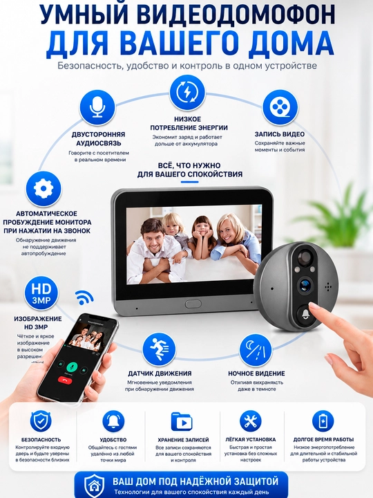 NOVA Видеоглазок  RH-PD8 Wi-Fi 3 МП, дверной глазок, глазок домофон