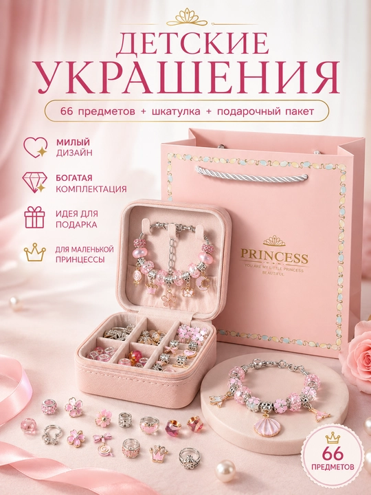 Набор детских украшений 66 предметов, браслет с шармами, шкатулка и пакет - 