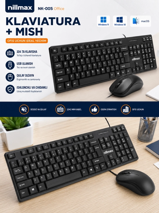 Nilmax NK-005 Simli Klaviatura va Sichqoncha To'plami USB Office Keyboard Combo - 