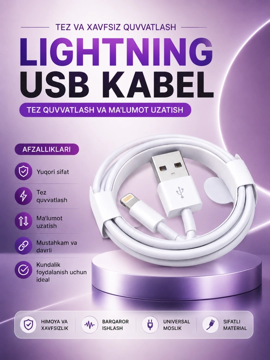 USB Lightning Quvvatlash va ma’lumotlarni uzatish kabeli - tez, mustahkam va ishonchli - 