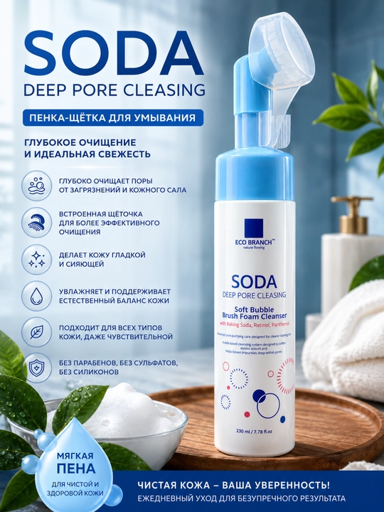 Eco Branch Soda Deep Pore Cleansing, yuz yuvish ko‘pigi, yuz yuvish cho‘tkali ko‘pik - 