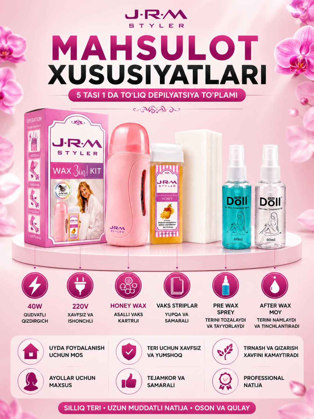 JRM Roll-On 5 ta 1 da depilyatsiya to‘plami - mumli depilyatsiya uchun to‘liq to‘plam