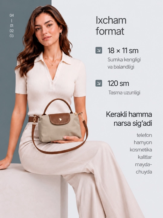 Ayollar uchun Longchamp uslubidagi eko-charmdan kichik kross-bodi sumkasi