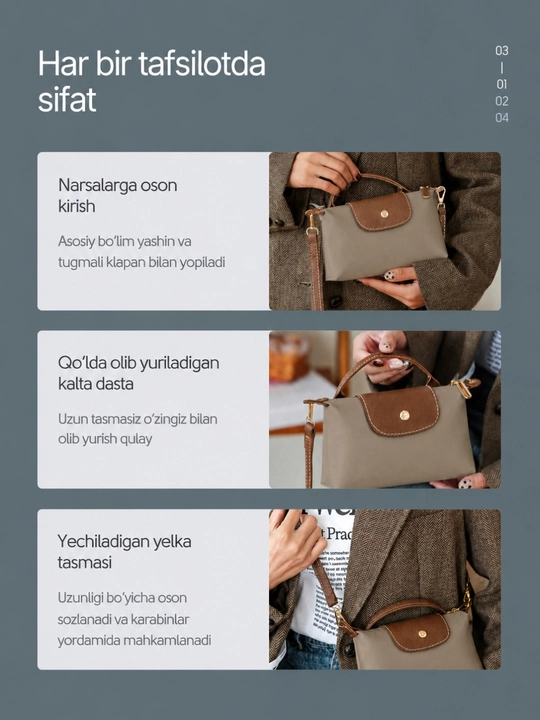 Ayollar uchun Longchamp uslubidagi eko-charmdan kichik kross-bodi sumkasi