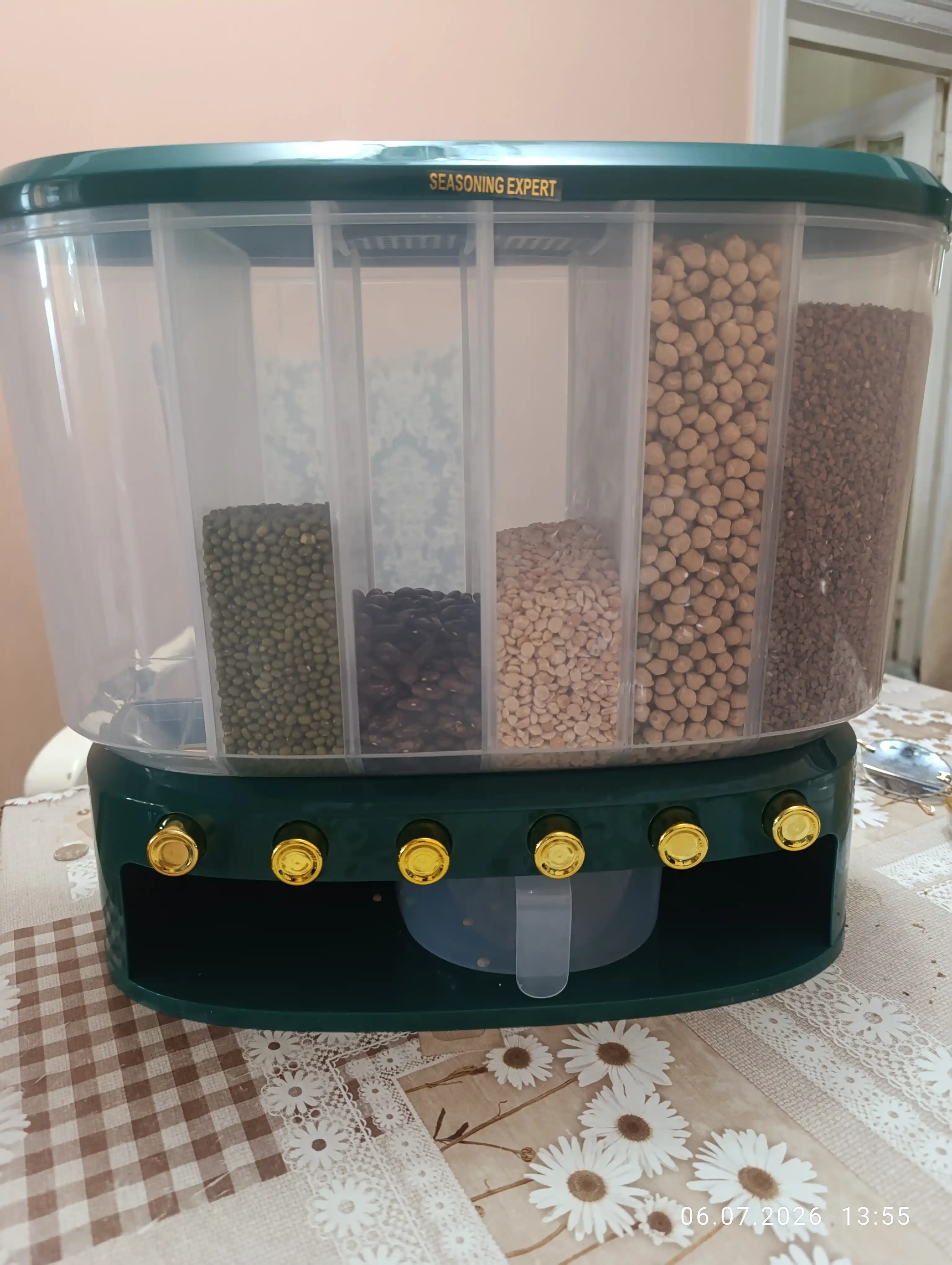 Donni saqlash dispenser idishi, dispenser, 6 ta bo'linma, hajmi 12,5 litrni tashkil qiladi