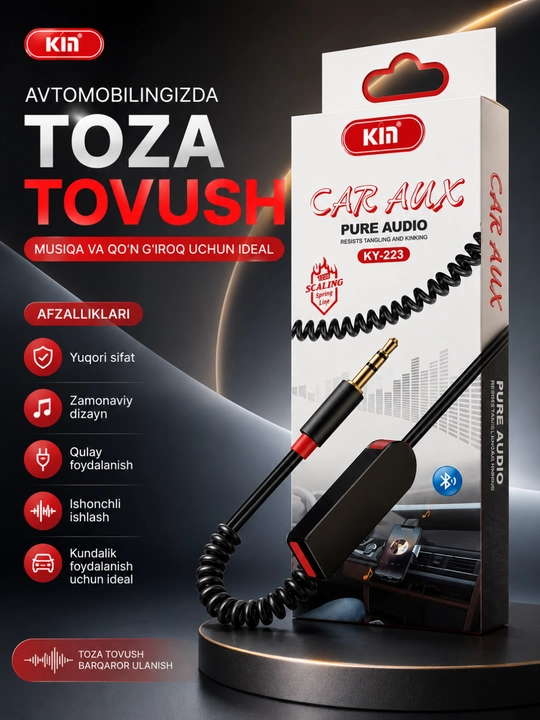 Avtomobil uchun 3,5 mm li Bluetooth AUX audio adapteri - tiniq ovoz va barqaror aloqa - 
