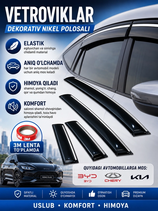 3D эластичные дефлекторы окон, ветровики Cobalt-BYD-KIA-Chery-Haval-Jetour-Li-Leapmotor - 