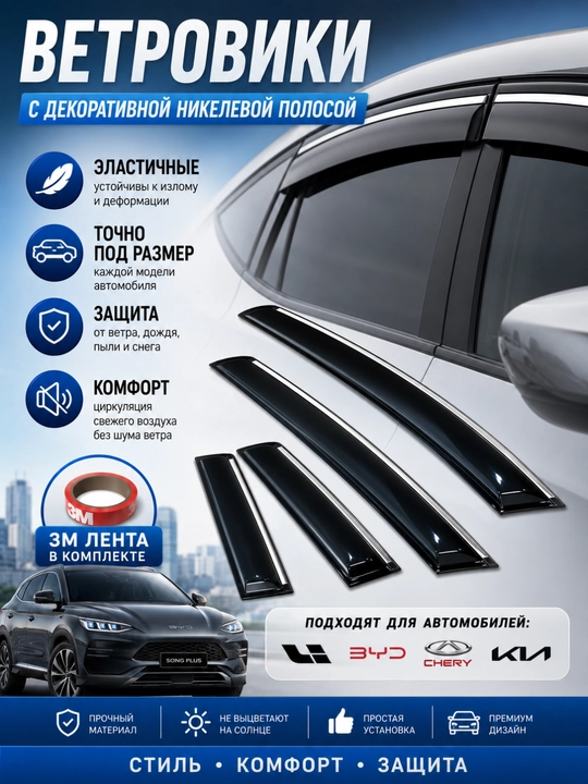 3D эластичные дефлекторы окон, ветровики Cobalt-BYD-KIA-Chery-Haval-Jetour-Li-Leapmotor