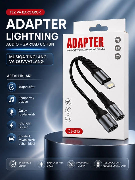 Lightning 2-in-1 Audio va Zaryadlash Adapteri – Musiqa Tinglash va Tezkor Quvvatlash - 