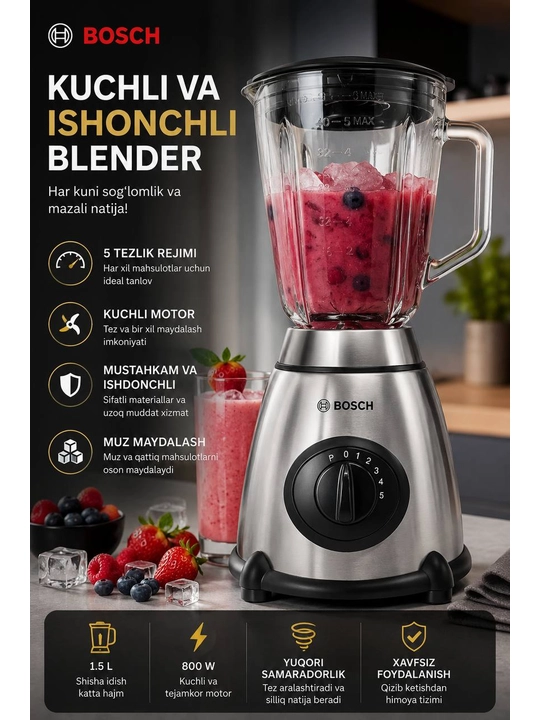 Bosch Blender, oshxona blenderi, kuchli, smuzi uchun - 