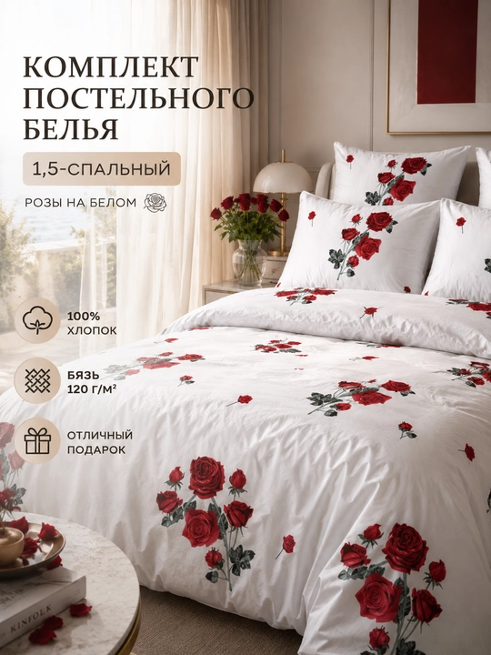 Комплект постельного белья Роза 1.5-спальный 100%хлопок - 