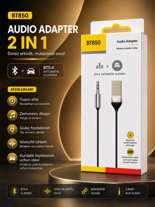 Avtomobil va uy audio tizimi uchun BT850 Bluetooth AUX 3.5 mm audio adapteri - 