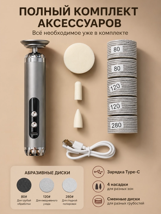 Электрическая пилка для пяток, электрическая пемза, удаление мозолей, 5 режимов, 4 насадки