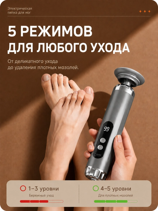 Электрическая пилка для пяток, электрическая пемза, удаление мозолей, 5 режимов, 4 насадки
