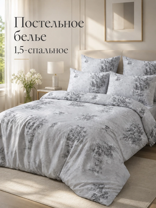 Комплект постельного белья серые цветы 1.5 спальный 100%бязь - 