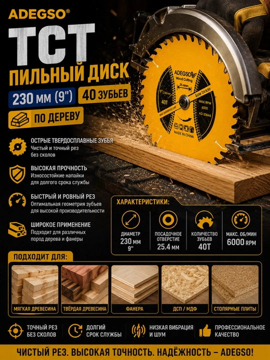 ADEGSO TCT disk arra – 230 mm (9"), 40 tishli, yog‘och uchun - 
