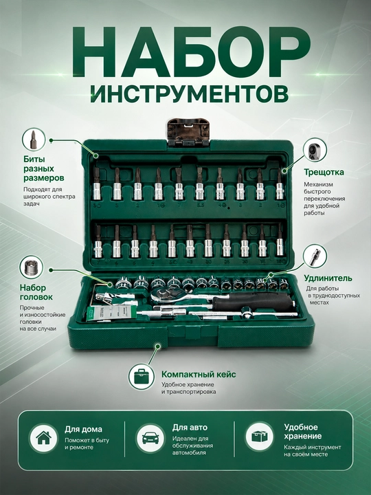 Набор инструментов 46 предметов, набор головок и бит для авто и дома