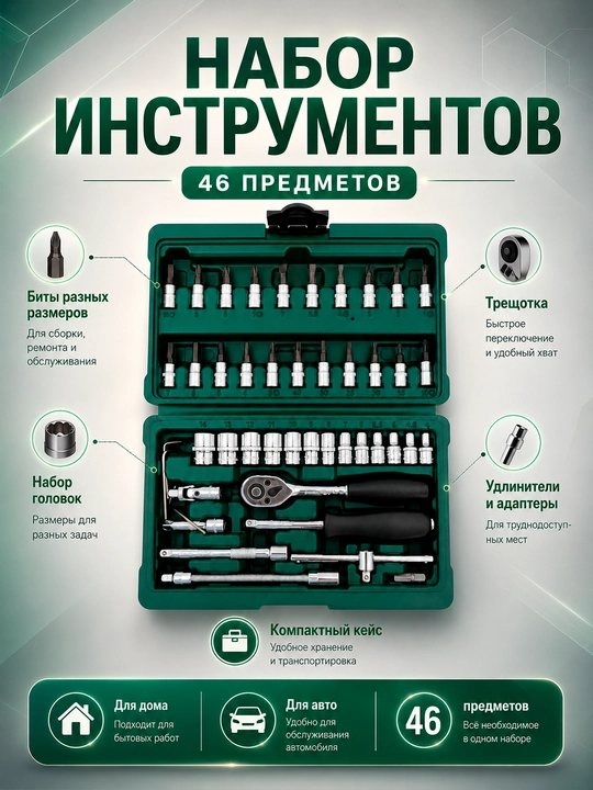 Набор инструментов 46 предметов, набор головок и бит для авто и дома - 