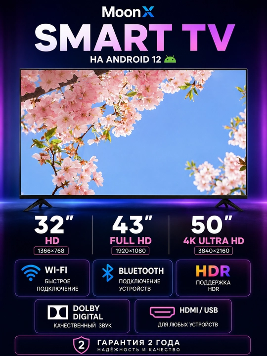 Телевизор MoonX 50" 4K, 43" Full HD, 32" HD, Smart TV, Full HD Wi-Fi, голосовое управление