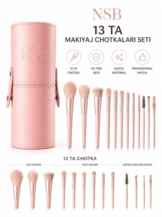 NSB makiyaj cho'tkalari to'plami, 13 dona, PU teri qopchada