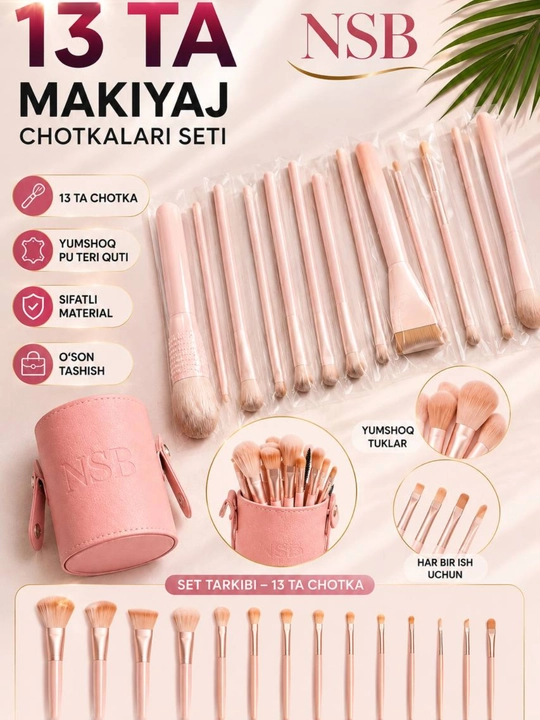 NSB makiyaj cho'tkalari to'plami, 13 dona, PU teri qopchada