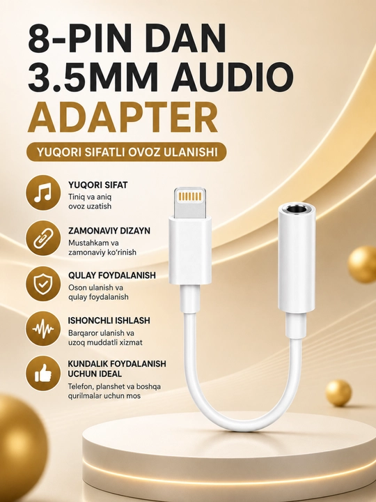 IPhone 8 Pin dan 3.5 mm Audio Adapteri – Tiniq Ovoz va Barqaror Ulanish Kabeli - 