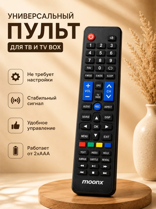 Универсальный пульт Moonx для телевизоров и TV Box, ИК, без настройки, 2×AAA - 
