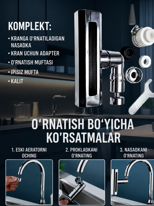 Aerator, smesitel uchun nasadka, 360 gradusga aylanadigan nasadka