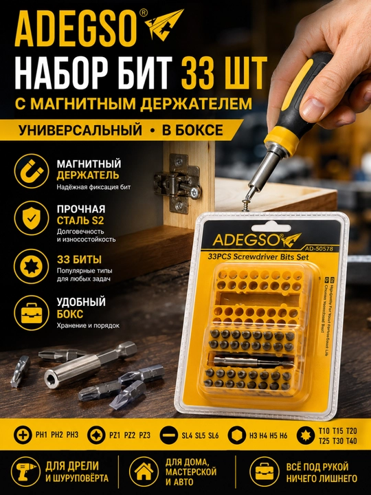 ADEGSO набор бит 33 шт с магнитным держателем – универсальный, в боксе - 