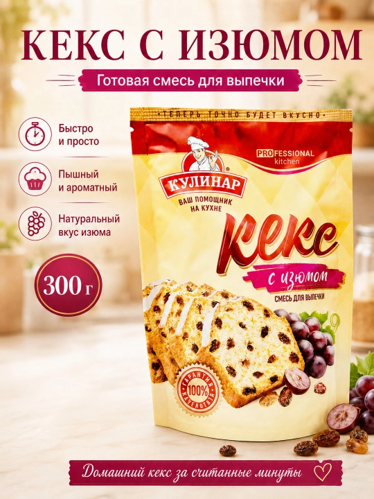 Готовая смесь для выпечки - кекс с изюмом, Кулинар, 300 гр - 