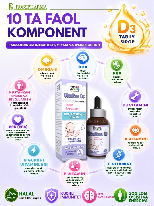 Bolalar tomchilari, D3 vitamini VitaRos, multivitaminlar