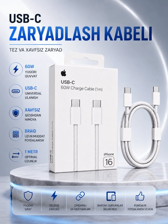 USB-C 60W tezkor zaryadlovchi kabel (1 metr) - 