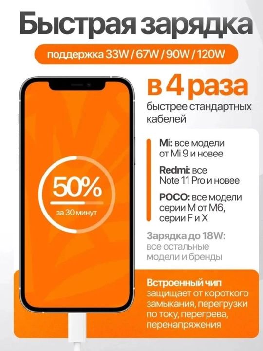 Кабель Xiaomi USB-A – Type-C ORG Turbo Charge 33W/67W/120W Max, 6A, 1 м