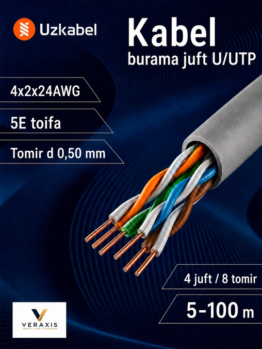 U/UTP Cat 5E 4×2×24 AWG mis o‘ralgan juftlik kabeli, internet kabeli Uzkabel - 