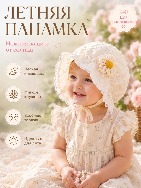 Детский чепчик для девочек 0–3 лет, кружевной капор с завязками baby bonnet - 