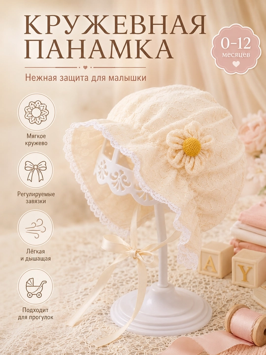 Детский чепчик для девочек 0–3 лет, кружевной капор с завязками baby bonnet