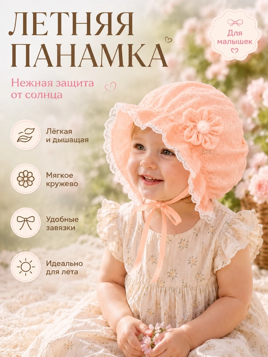 Детский чепчик для девочек 0–3 лет, кружевной капор с завязками baby bonnet - 
