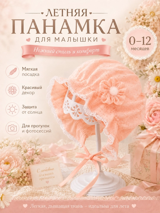 Детский чепчик для девочек 0–3 лет, кружевной капор с завязками baby bonnet