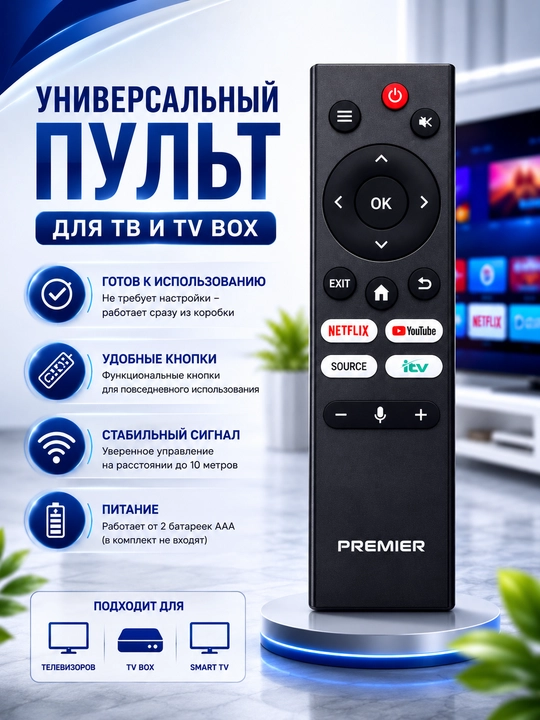 PREMIER Smart TV va TV Box uchun universal pult, ovozli boshqaruvsiz - 