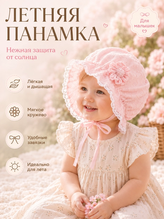 Детский чепчик для девочек 0–3 лет, кружевной капор с завязками baby bonnet - 