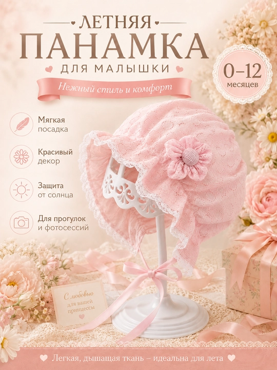 Детский чепчик для девочек 0–3 лет, кружевной капор с завязками baby bonnet