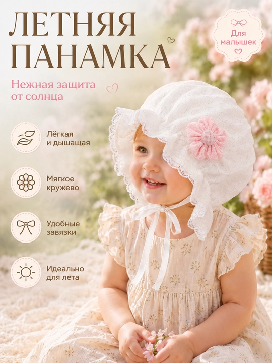 Детский чепчик для девочек 0–3 лет, кружевной капор с завязками baby bonnet - 